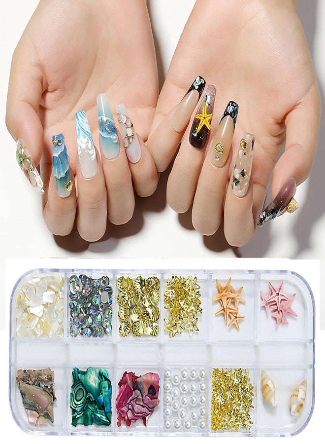 TBRZTR 12 Grids Gold Metal Starfish Shell Nail Studs 3D Mix Conch Pearl Shell Nail Art Glitter Flakes Decorations Set Multiple Shapes Rivet Jewelry Accessories for Women Manicure Supplies DIY Crafts Sequins - Image 5